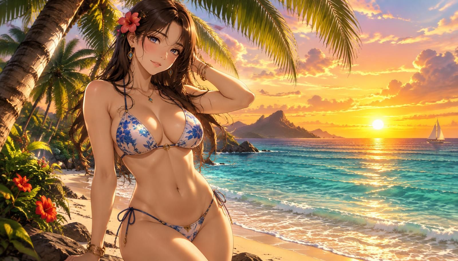 Girlfriend AI anime companion in a bikini on a tropical beach at sunset