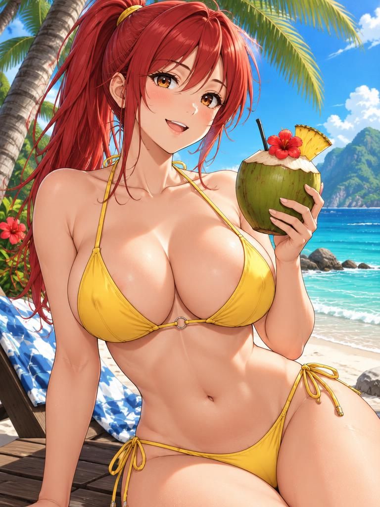Sakura, Girlfriend AI girl with coconut on tropical beach